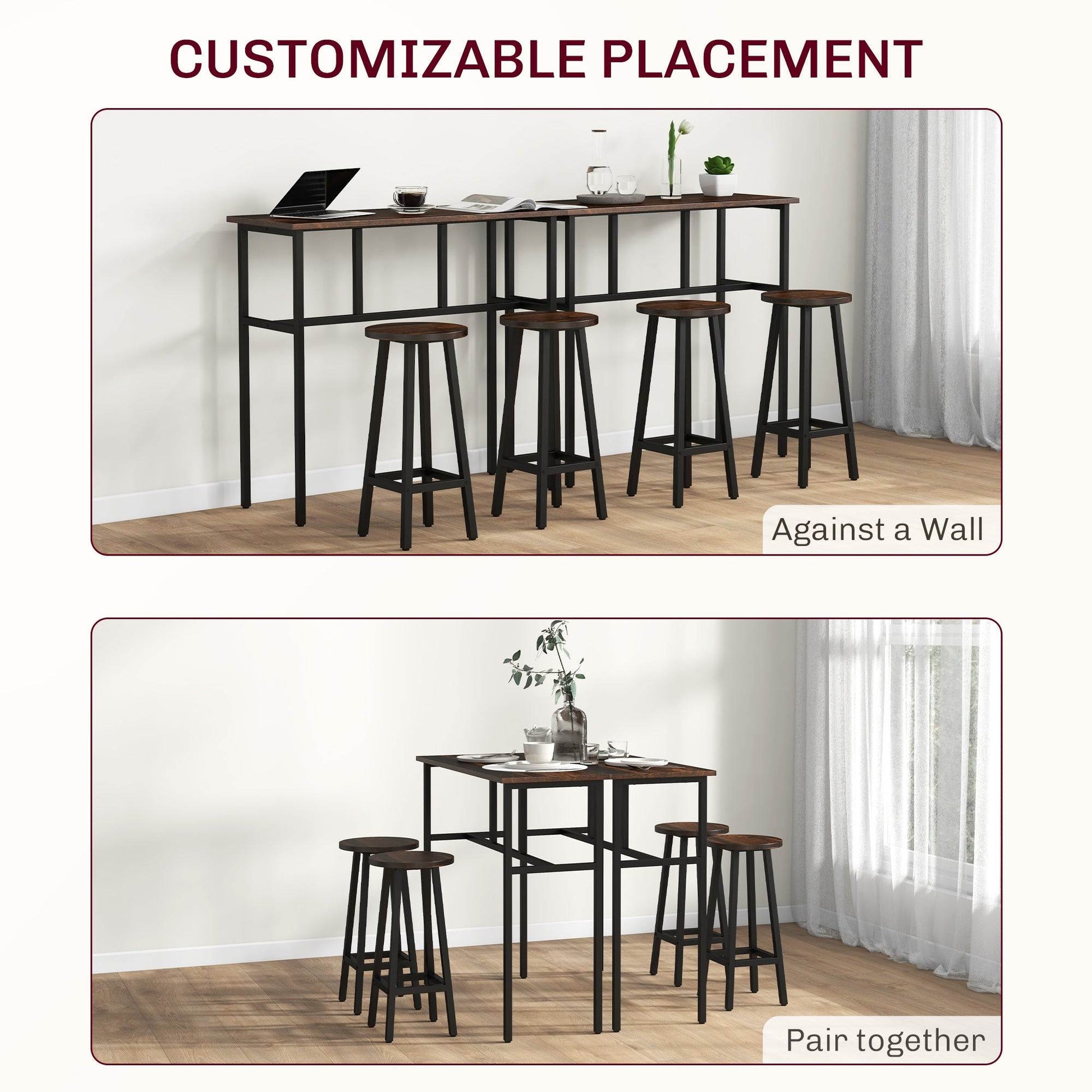 HOMCOM 6-Piece Bar Table Set, Counter Height Kitchen Dining Set with 2 High Tables & 4 Stools, Space Saving Compact Bar Furniture for Small Kitchens and Flats, Multiple Arrangements, Rustic Brown