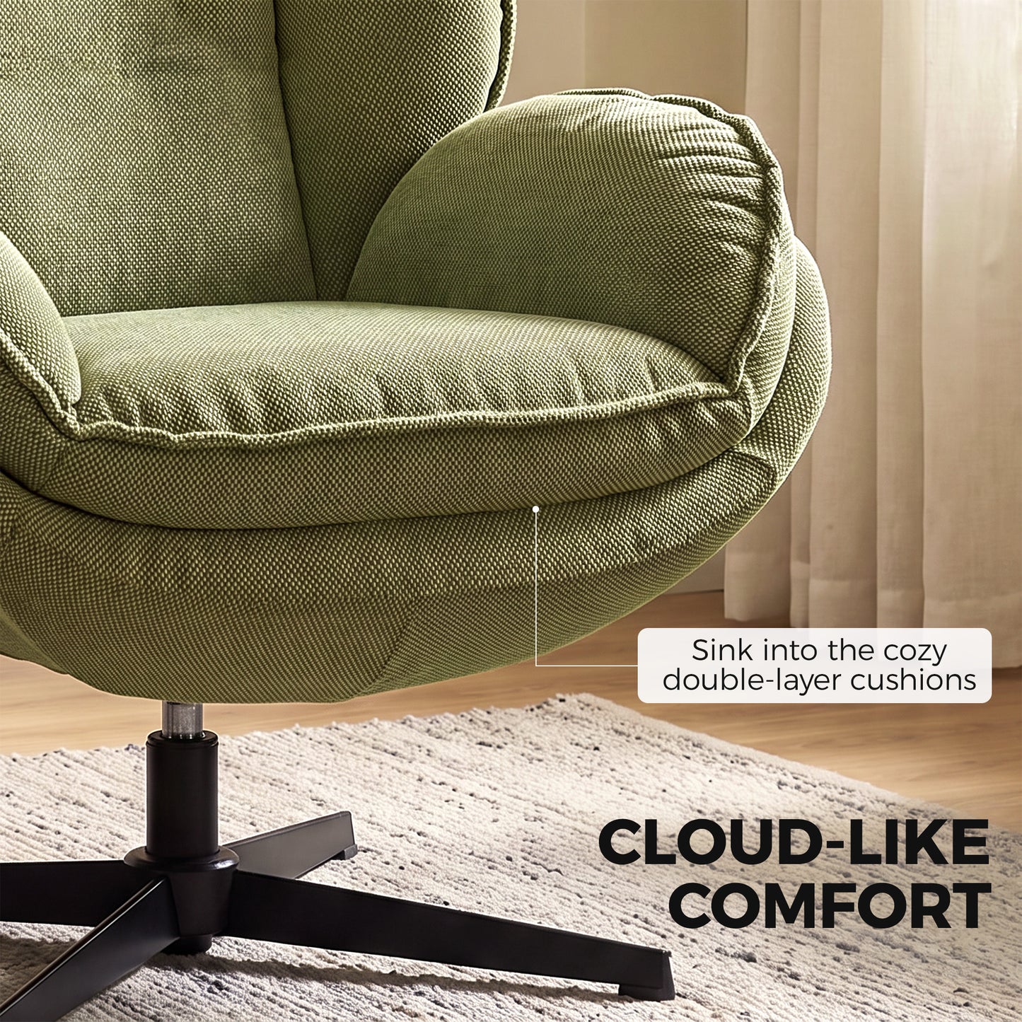 HOMCOM Armchair with Adjustable Footstool, 360° Swivel Chenille Cloud Accent Chair with Thick Cushion, Steel Base, Green