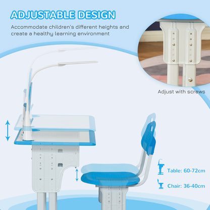 HOMCOM Kids Desk and Chair Set Adjustable Height Study Table Set with Drawer, Book Stand, Pen Slot - Blue