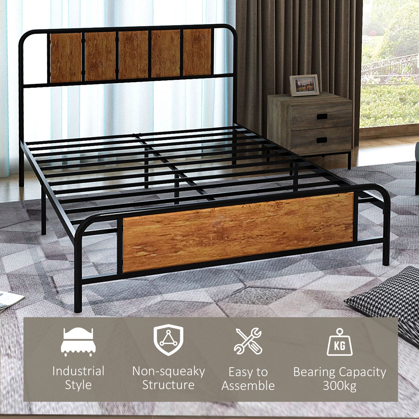 HOMCOM 4.8ft Double Bed Frame with Industrial Wood Headboard, Steel Slat Support and 25.5cm Underbed Storage Space, 145 x 197cm, Rustic Brown