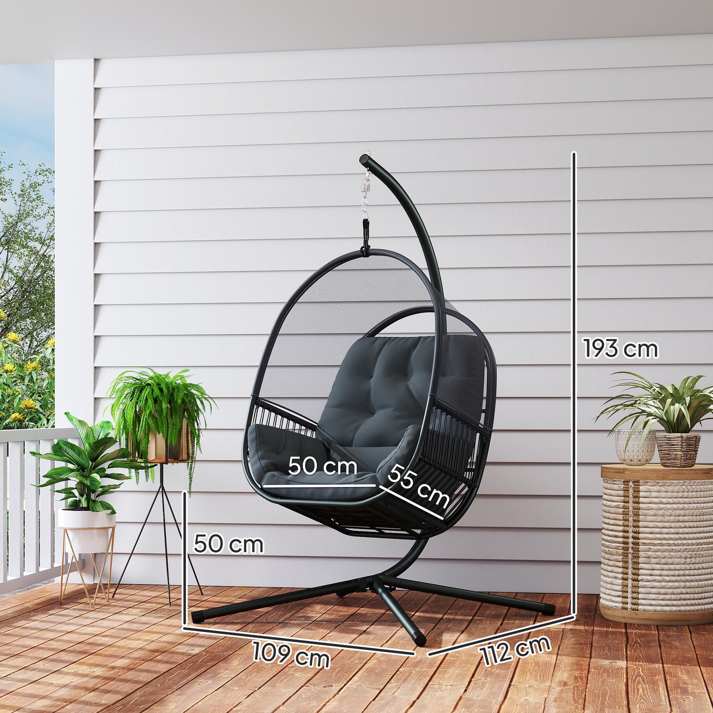 Outsunny Hanging Egg Chair, with Cushion - Dark Grey