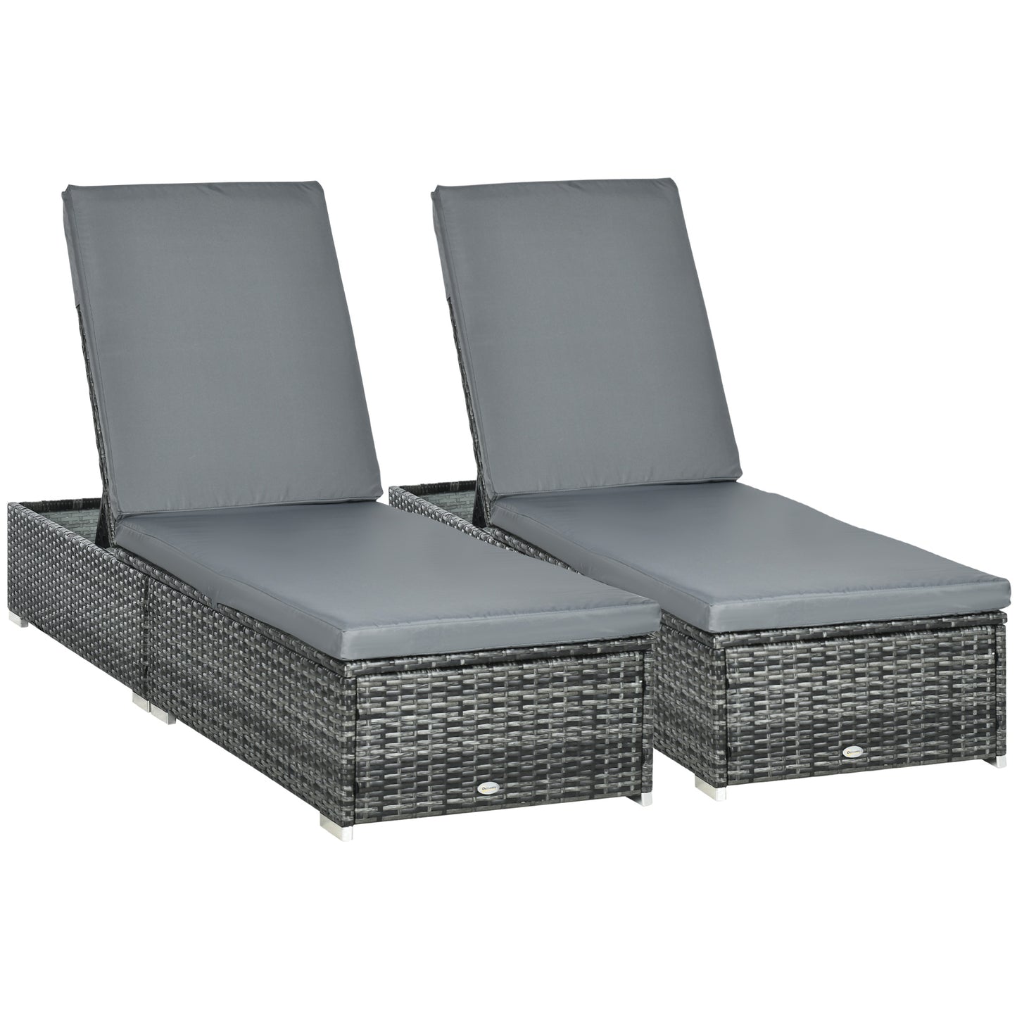 Outsunny PE Rattan Sun Loungers set of 2 with Cushion, Outdoor 2 Pieces Garden Sunbed Furniture with 5-Level Recliner Backrest, Reclining Patio Wicker Bed Chair, Grey--ChewyGames-ChewyGames