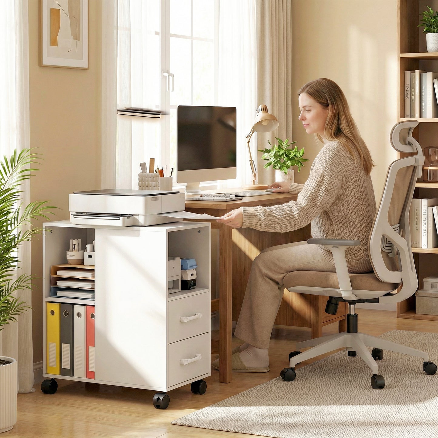 HOMCOM Narrow Mobile Printer Table with Wheels, Rolling Printer Stand with Drawers for Home Office, 30 x 60 x 65 cm, White
