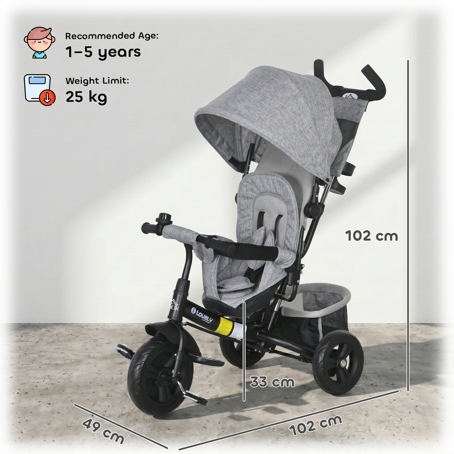 HOMCOM 6 in 1 Kids Trike with Parent Handle, Canopy, 5-point Seat Belt, Storage, Footrest, Brake, for 1-5 Years, Grey