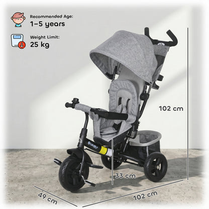 HOMCOM 6 in 1 Kids Trike with Parent Handle, Canopy, 5-point Seat Belt, Storage, Footrest, Brake, for 1-5 Years, Grey
