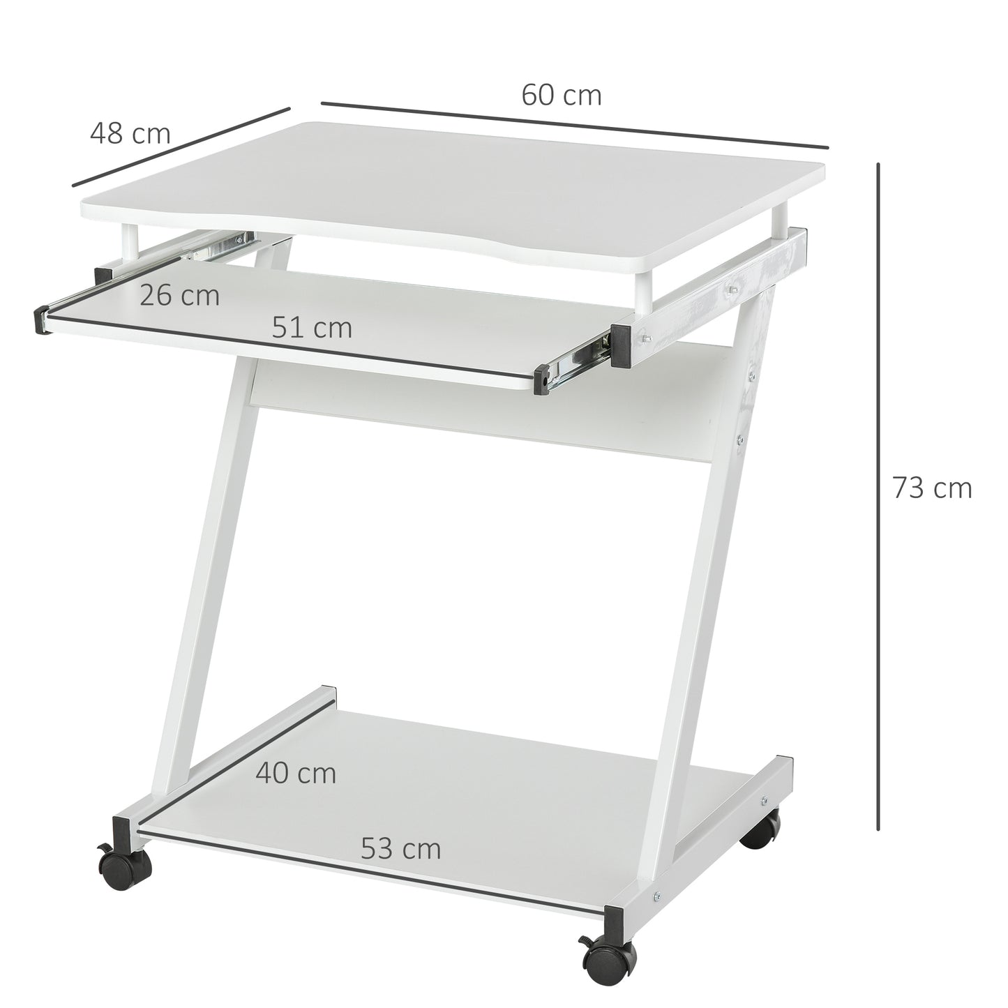 HOMCOM Movable Computer Desk with 4 Moving Wheels and Keyboard Tray White