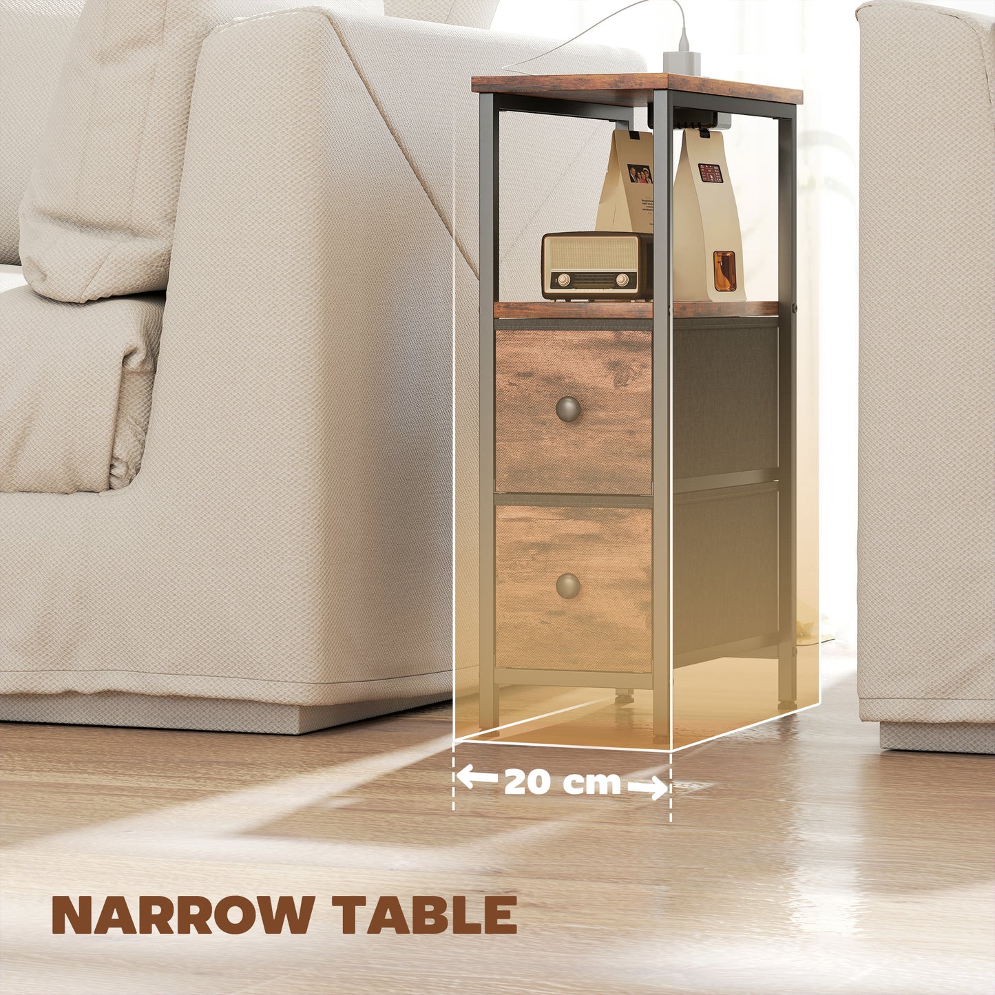 HOMCOM Side Table, Narrow Bedside Table with Charging Station, 2 Drawers, AC Outlet and 2 USB Ports for Living Room, Bedroom