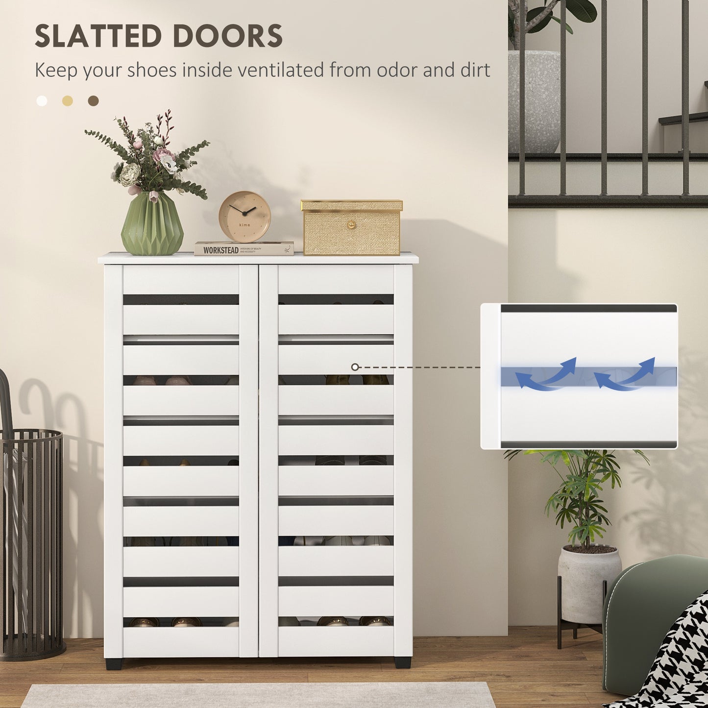 HOMCOM Narrow Shoe Cabinet for Entryway, 5-Tier Slim Shoe Storage Cabinet with 2 Slatted Doors and Adjustable Shelves