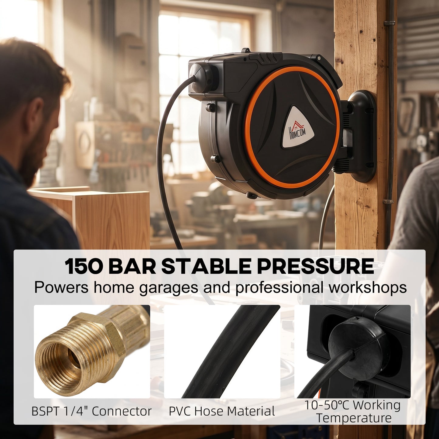 HOMCOM Auto Rewind Hose Reel, Retractable Air Hose Reel 20 m and 2 m, 150 Bar with 1/4" BSPT Connector, Black