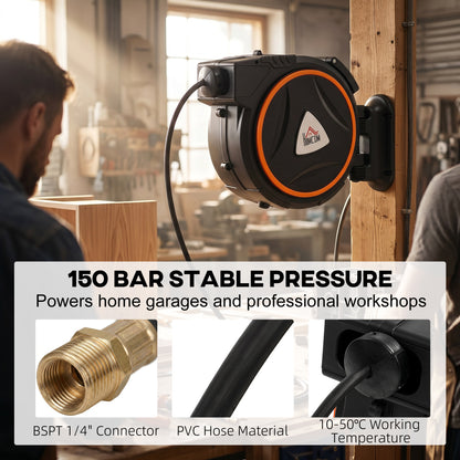 HOMCOM Auto Rewind Hose Reel, Retractable Air Hose Reel 20 m and 2 m, 150 Bar with 1/4" BSPT Connector, Black