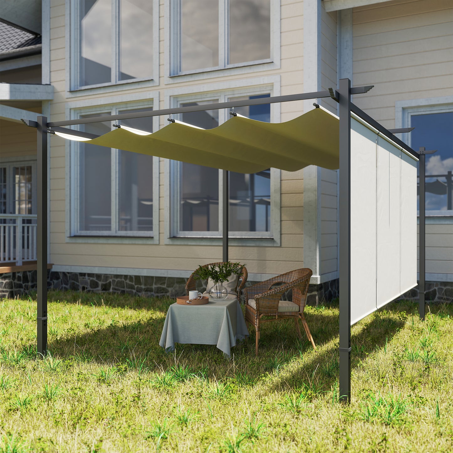 Outsunny 3 x 4m Metal Pergola with Retractable Roof and Roller Shade, Free Standing Gazebo Canopy Pergola Kit, UPF30+ Outdoor Sun Shelter, Beige