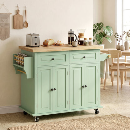 HOMCOM Rolling Kitchen Island Storage Trolley with Rubber Wood Top & Drawers for Dining Room, Light Green