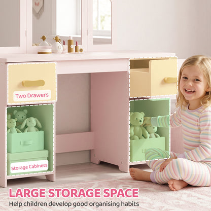 AIYAPLAY Kids Dressing Table, Kids Vanity Table and Chair Set with Tri-Folding Mirror, 2 Drawers, 2 Cabinets for Girls 3+, Pink