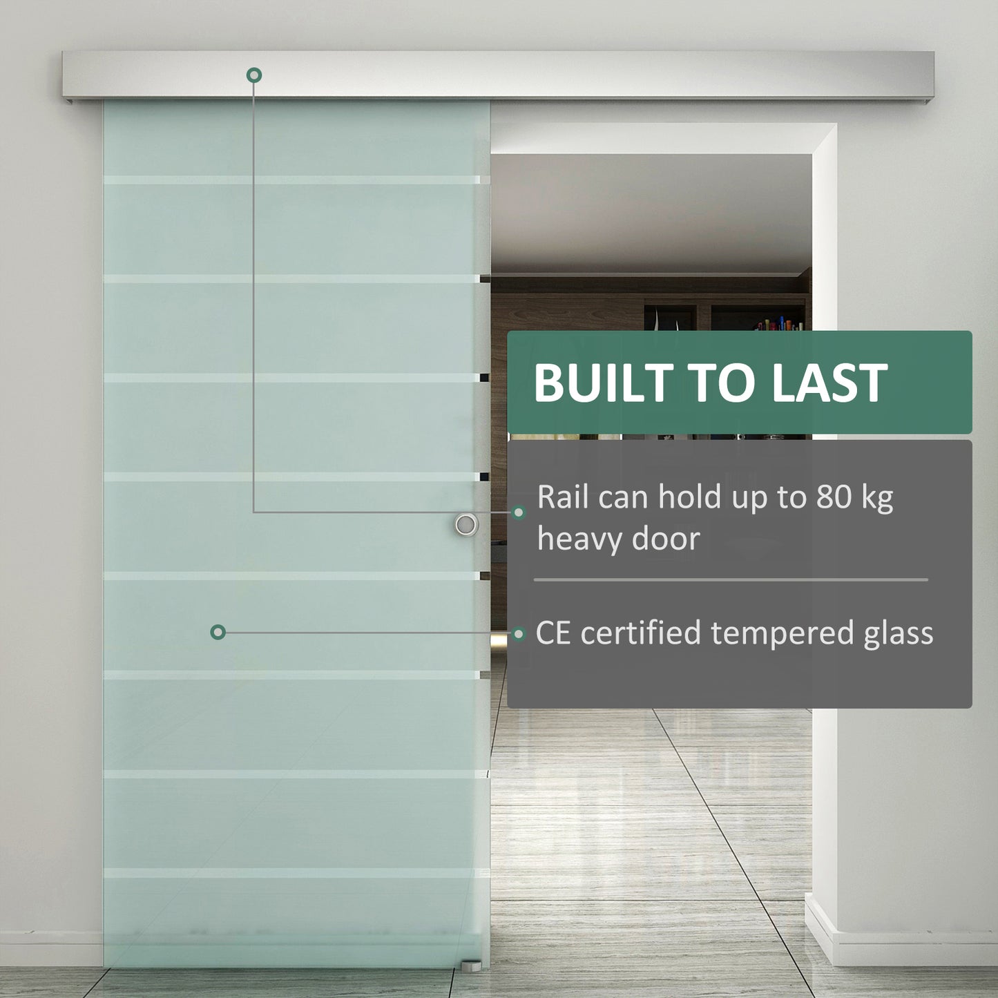 HOMCOM 90cm Sliding Glass Door with Hardware Track Kit, Frosted Tempered Glass with Stripe Pattern, Round Handle