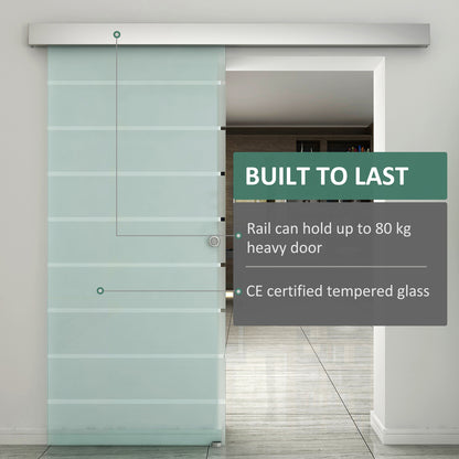 HOMCOM 90cm Sliding Glass Door with Hardware Track Kit, Frosted Tempered Glass with Stripe Pattern, Round Handle