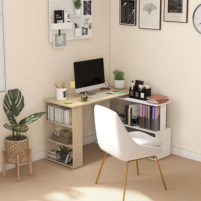 HOMCOM Corner Computer Desk, L Shaped Desk with 360° Rotating Bookshelf, 120L x 110W x 74.5H cm, Natural and White