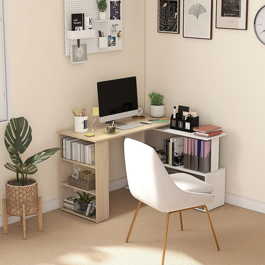 HOMCOM Corner Computer Desk, L Shaped Desk with 360° Rotating Bookshelf, 120L x 110W x 74.5H cm, Natural and White