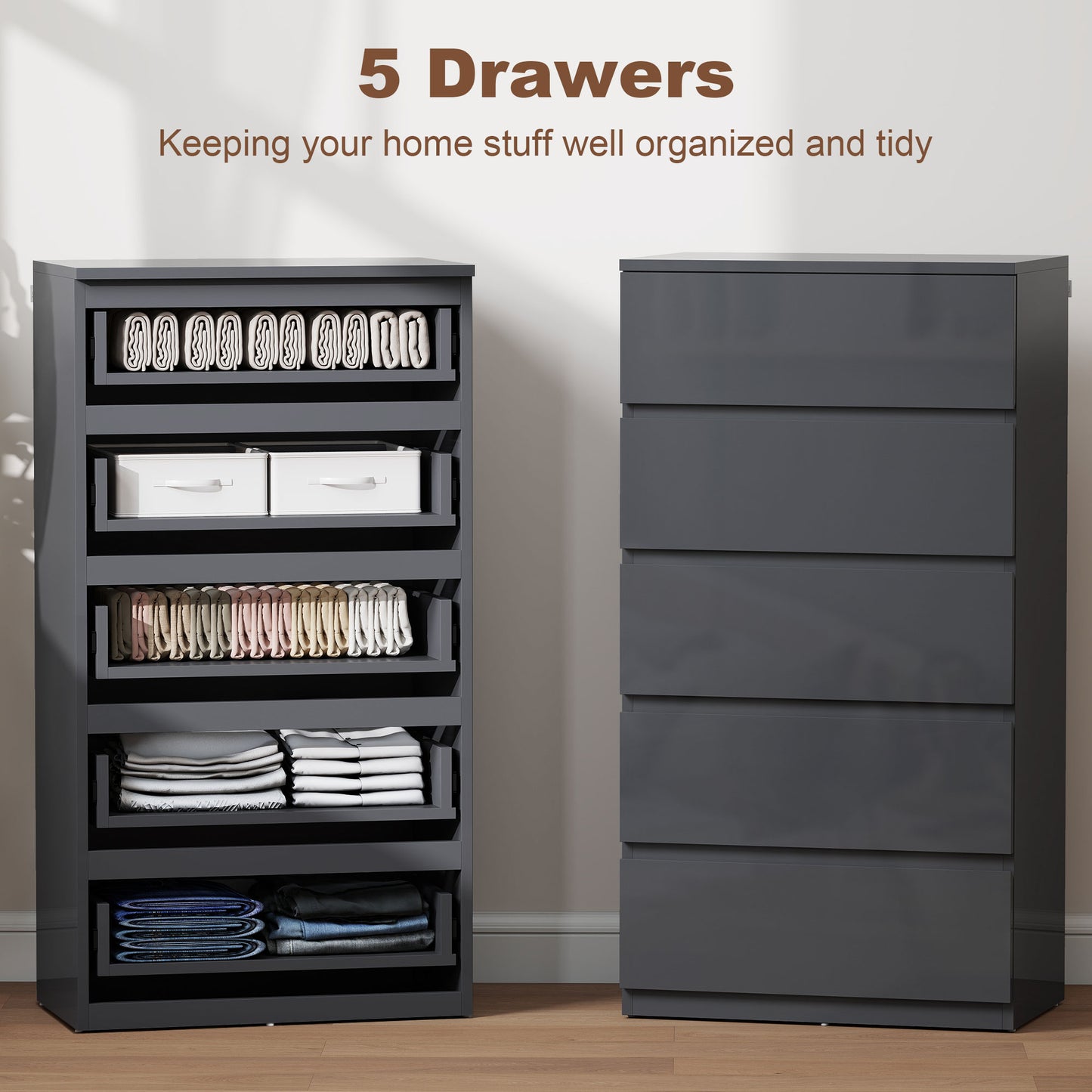 HOMCOM 5-Drawer Modern Dresser, High Gloss Storage Drawer Unit for Bedroom, Grey
