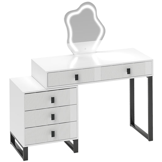 HOMCOM Dressing Table, Vanity Desk with Leaf Shape Mirror, Makeup Table with 5 Drawers, 3-Colour LED Lights, 100x40cm Tabletop, White