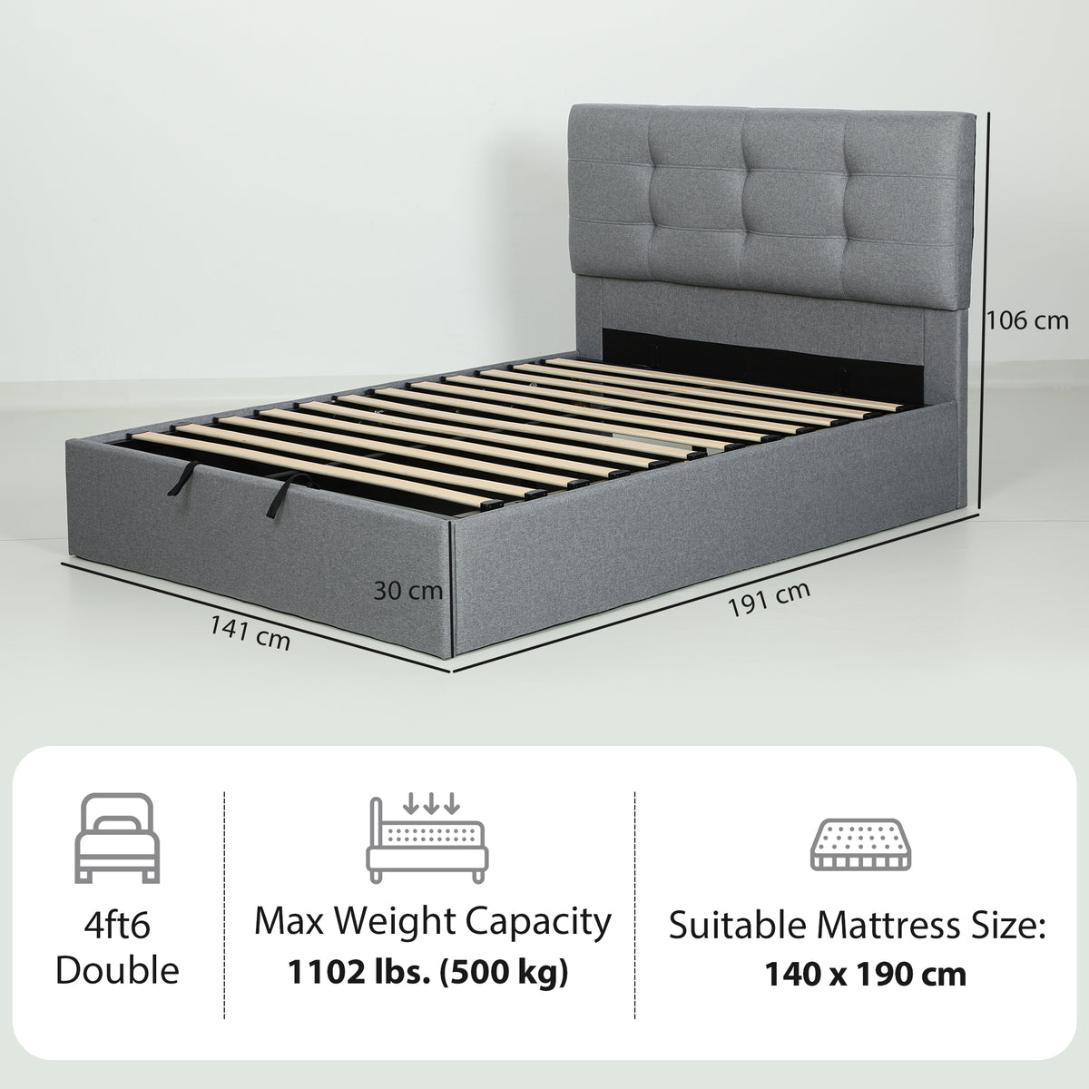 HOMCOM 4ft6 Double Ottoman Bed with Gas Lift Storage - Grey