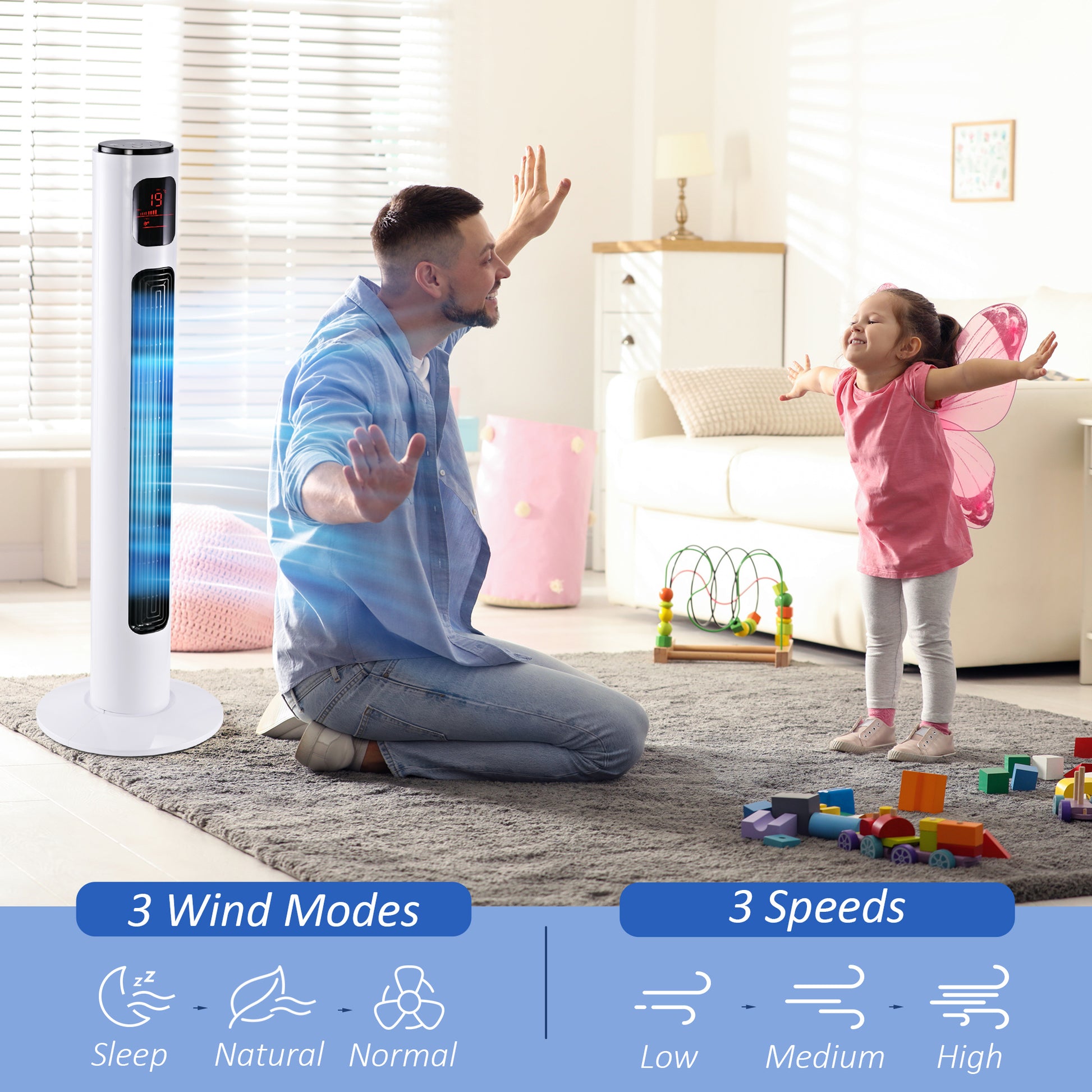 HOMCOM 38'' Freestanding Tower Fan, 3 Speed 3 Mode, 12h Timer, 70 Degree Oscillation, LED Panel, 5M Remote Controller, White--ChewyGames-ChewyGames