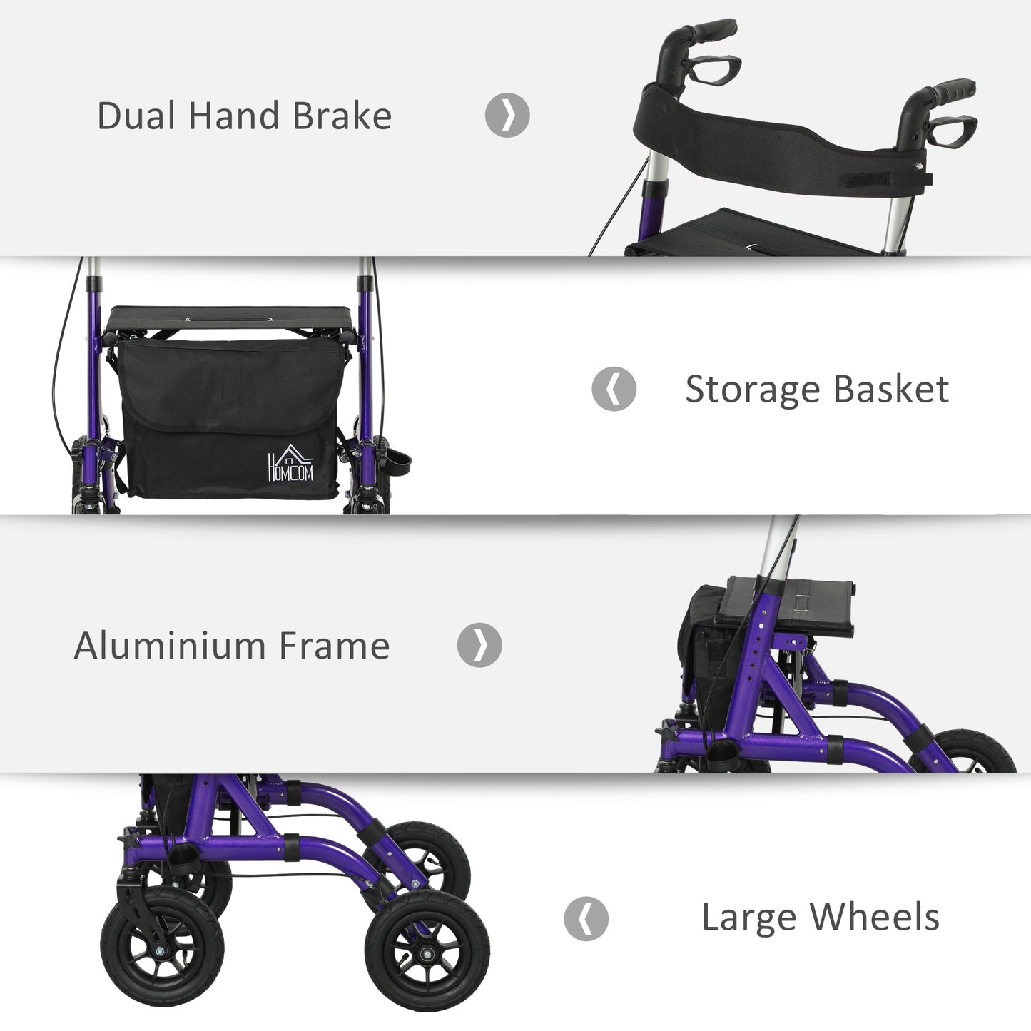 HOMCOM Folding Adjustable Rollator with Dual Brakes & 6 Adjustable Handle Heights for Seniors Purple