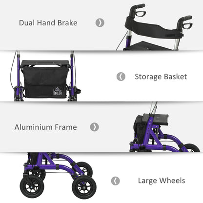 HOMCOM Folding Adjustable Rollator with Dual Brakes & 6 Adjustable Handle Heights for Seniors Purple