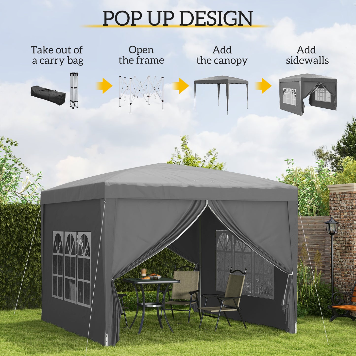 Outsunny 3 x 3 m Garden Pop Up Gazebo, Wedding Party Tent Marquee, Water Resistant Awning Canopy with Sidewalls, Windows, Carry Bag, Grey