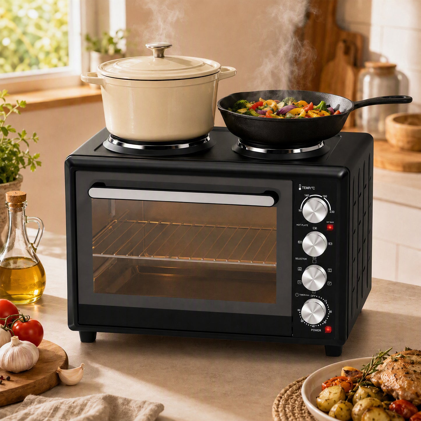 HOMCOM 36L Mini Oven with Dual Hot Plates, Electric Countertop Cooker with Convection, 90–230°C Adjustable Temperature