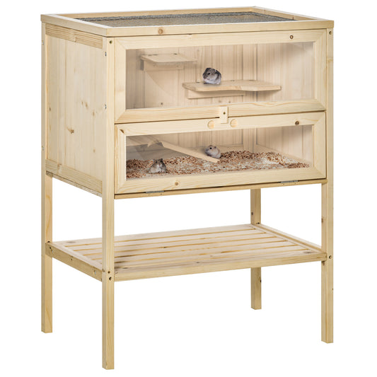 PawHut Wooden Hamster Cage with Storage Shelf, Small Animal Exercise Play House with Openable Top, Ramp for Gerbils, Drawf Hamsters, 60 x 40 x 80 cm - Natural