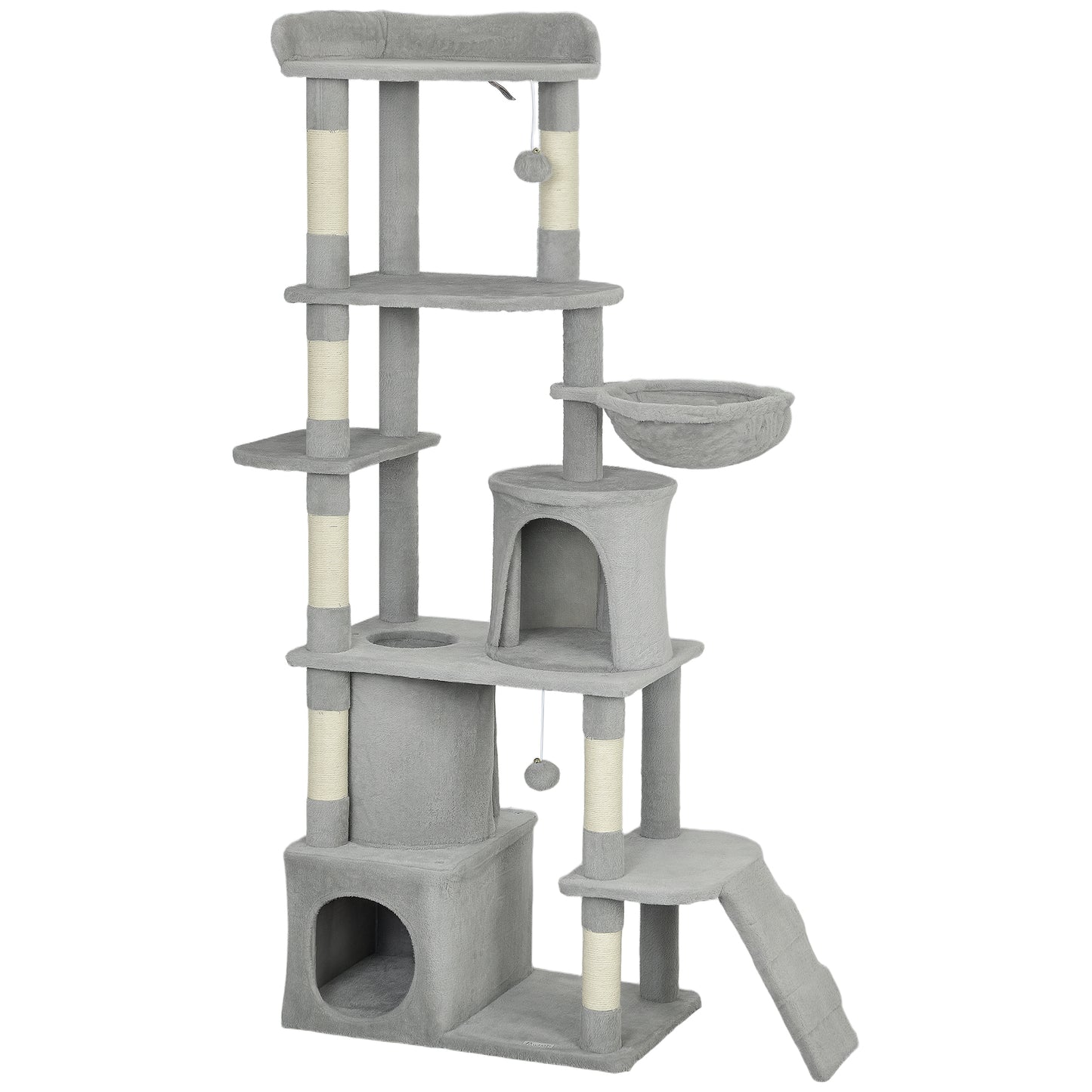 PawHut 170 cm Large Cat Tree, Cat Tower with 7 Scratching Posts, 2 Condos, Hammock,  Light Grey