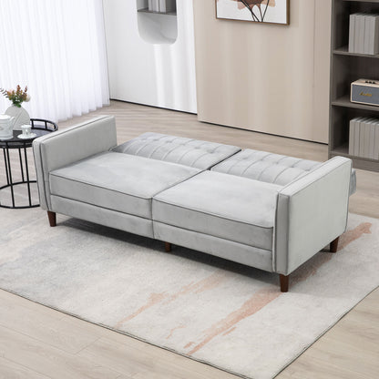 HOMCOM Modern Convertible Sofa Futon Velvet-Touch Tufted Couch with Adjustable Split Back, Light Grey