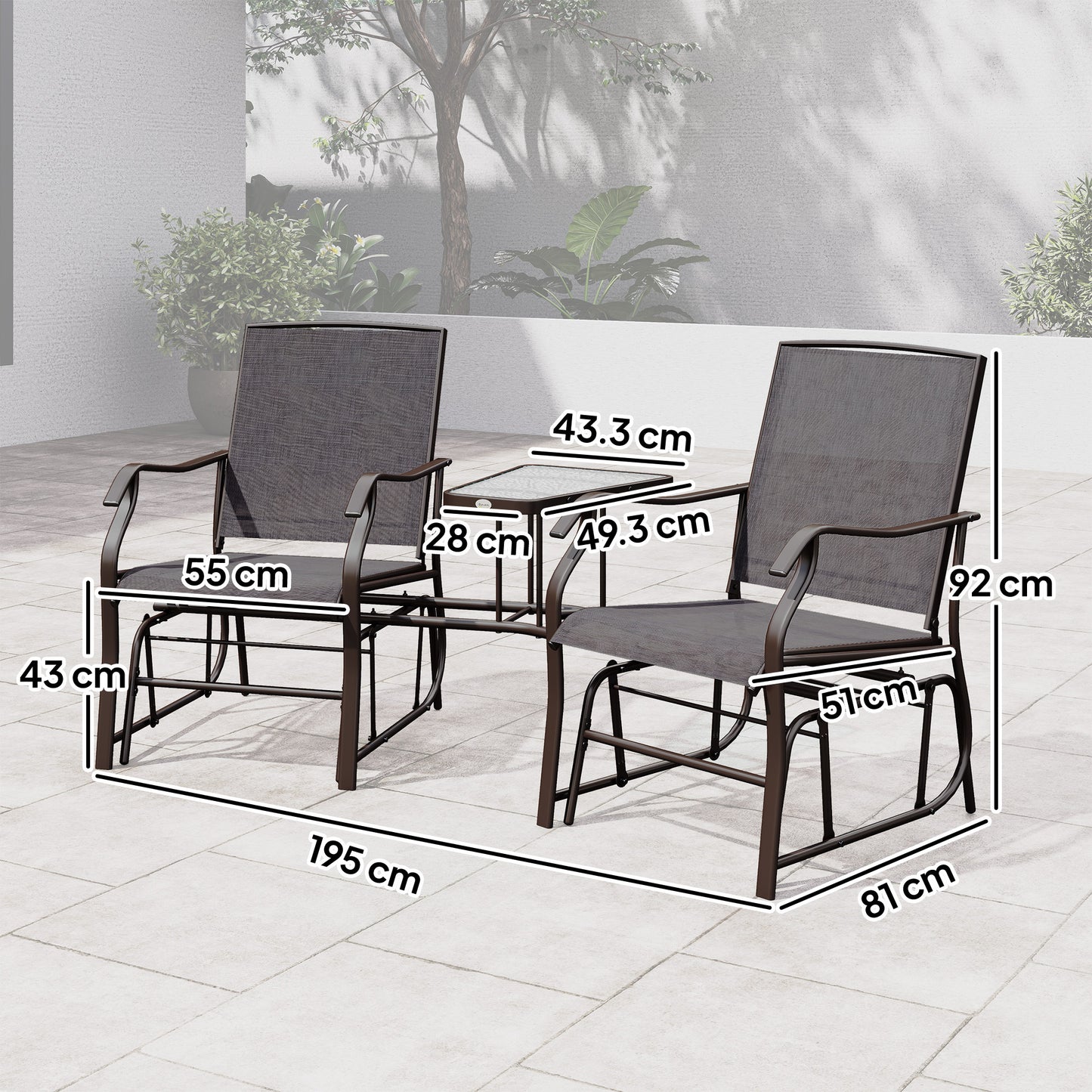 Outsunny Gliding Jack and Jill Seat, with Glass-Top Table - Brown/Grey