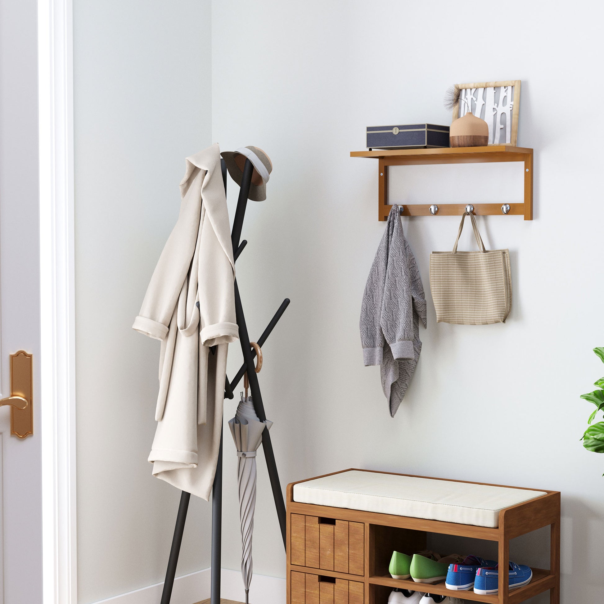HOMCOM Wall Mounted Coat Clothes Hat Hanger 4 Hooks Rack Stand with Rail & Storage Shelf for Hallway Entryway Bedroom Bathroom--ChewyGames-ChewyGames