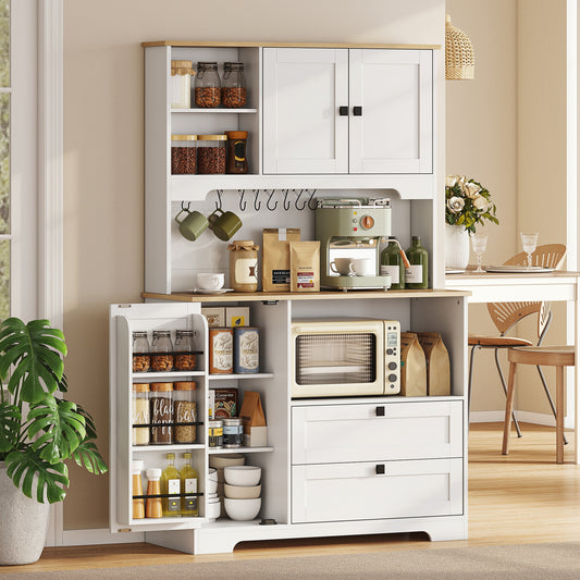 HOMCOM Kitchen Cupboard, Freestanding Kitchen Cabinet with 2 Cabinets, 2 Drawers, Open and Adjustable Shelves, White