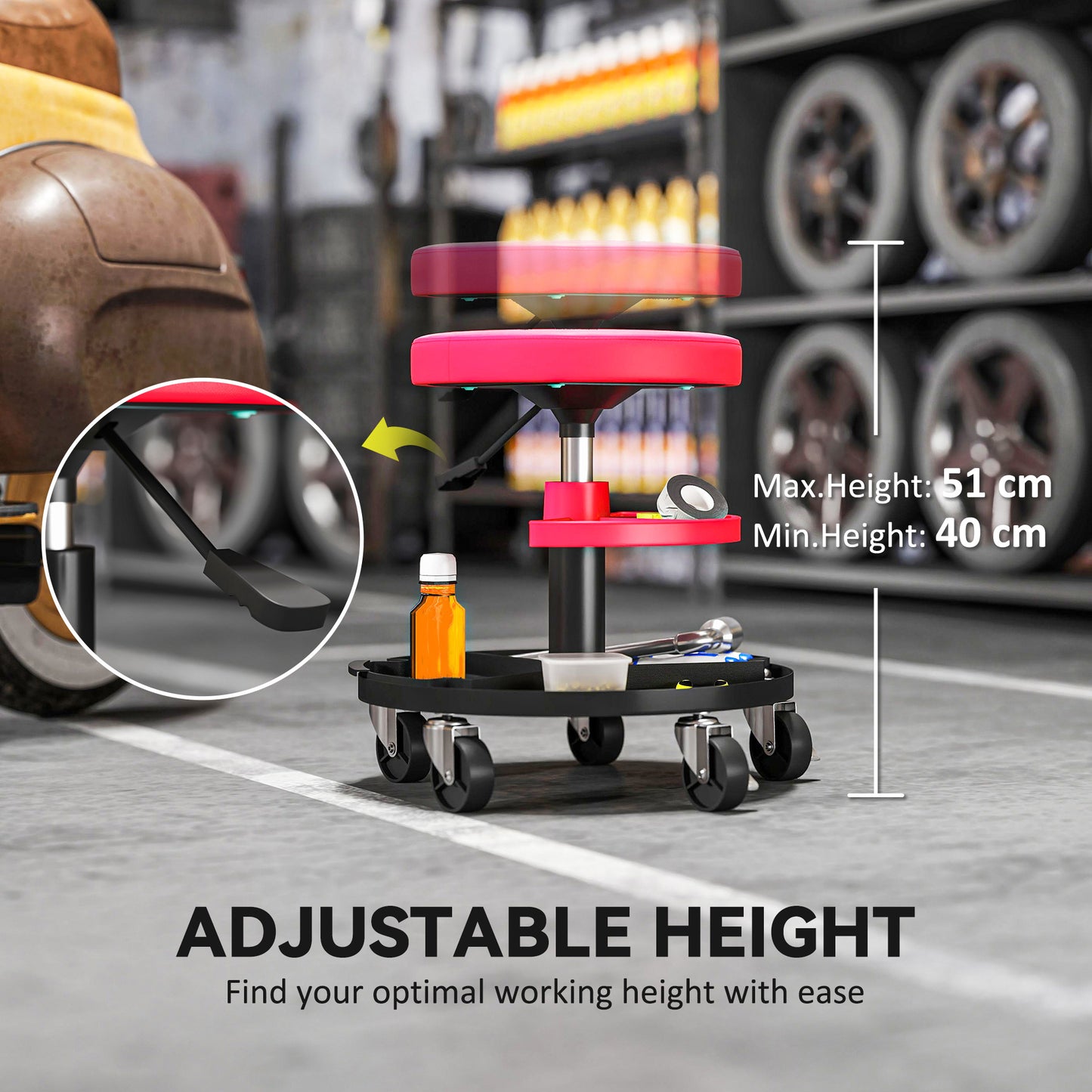 HOMCOM Rolling Mechanic Stool, 135kg Capacity Workshop Stool, 360° Swivel Roller Padded Creeper Seat with Wheels, Tool Trays Storage for Garage, Shop, Auto Repair, Red