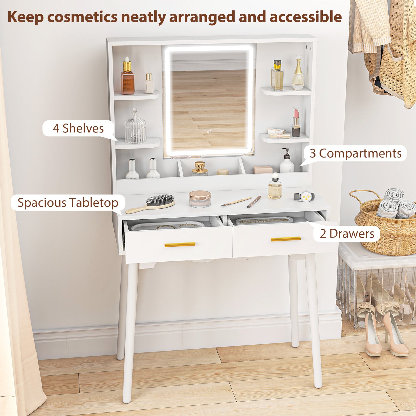 HOMCOM Elegant Dressing Table, with LED Mirror - White