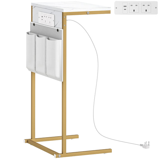HOMCOM C-Shaped Bedside Table with Charging Station, Marble Grain Side Table with Power Outlets & USB Ports, Storage Bags, for Bedroom, Living Room, White-Nightstands-ChewyGames-ChewyGames
