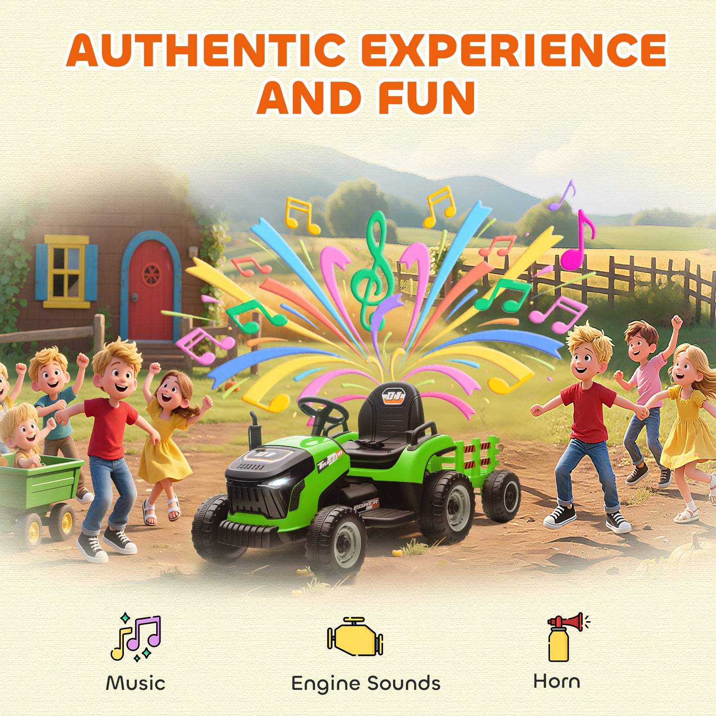AIYAPLAY 12V Ride on Tractor and Trailer with Remote Control, Music, Shifter, Start-Up Sound, for Kids Ages 3-8 Years, Green