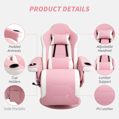 HOMCOM Manual Recliner Armchair PU Leather Lounge Chair w Adjustable Leg Rest, 135° Reclining Function, 360° Swivel, Pink--ChewyGames-ChewyGames