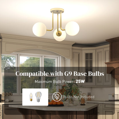 HOMCOM LED Ceiling Light with Globe Shades, Modern 3-Light Ceiling Light with G9 Sockets for Living Room, Bedroom, Dining Room, Bulbs Not Included, Gold Tone