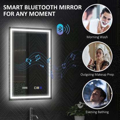 HOMCOM 50 x 70 cm Anti-Fog LED Bathroom Mirror, with Bluetooth and Clock - Silver Tone