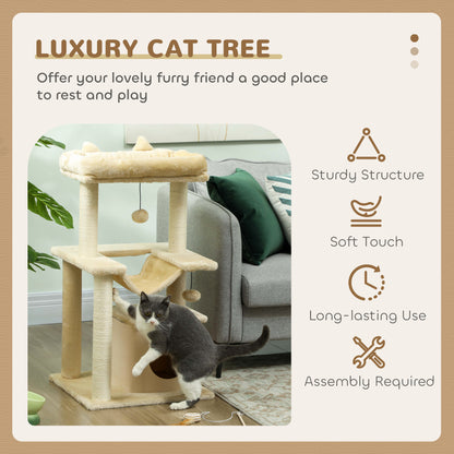 PawHut Cat Tree, 90cm Cat Tower with Sisal Scratching Posts, Cat Condo, Hammock, Top Perch and 2 Hanging Toys for Cats, Beige