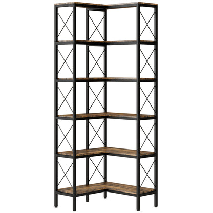 HOMCOM 5-Tier L-Shaped Bookshelf, Freestanding Corner Bookcase with Metal Frame, Rustic Brown