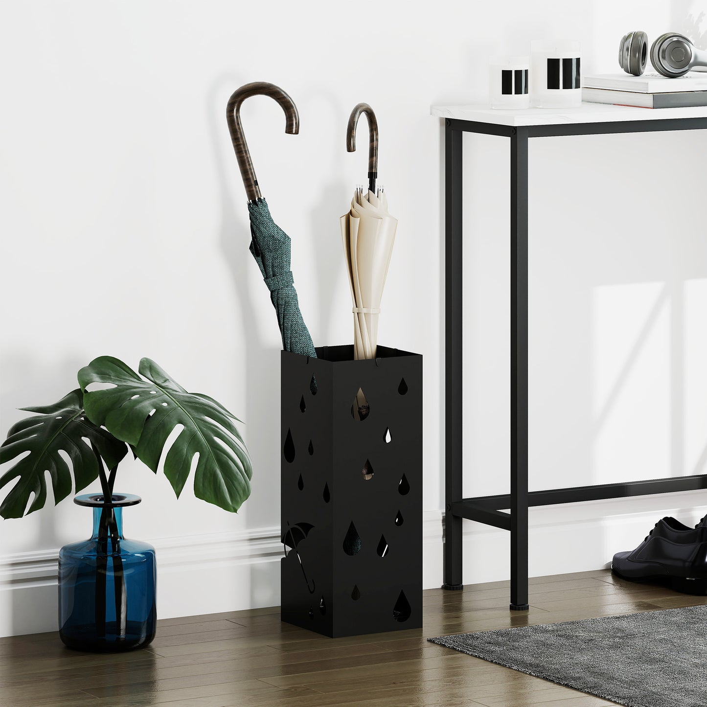 HOMCOM Steel Umbrella Stand, Square Umbrella Holder with 4 Hooks and Removable Drip Tray, Hollowed Umbrella Basket for Hallway, Black