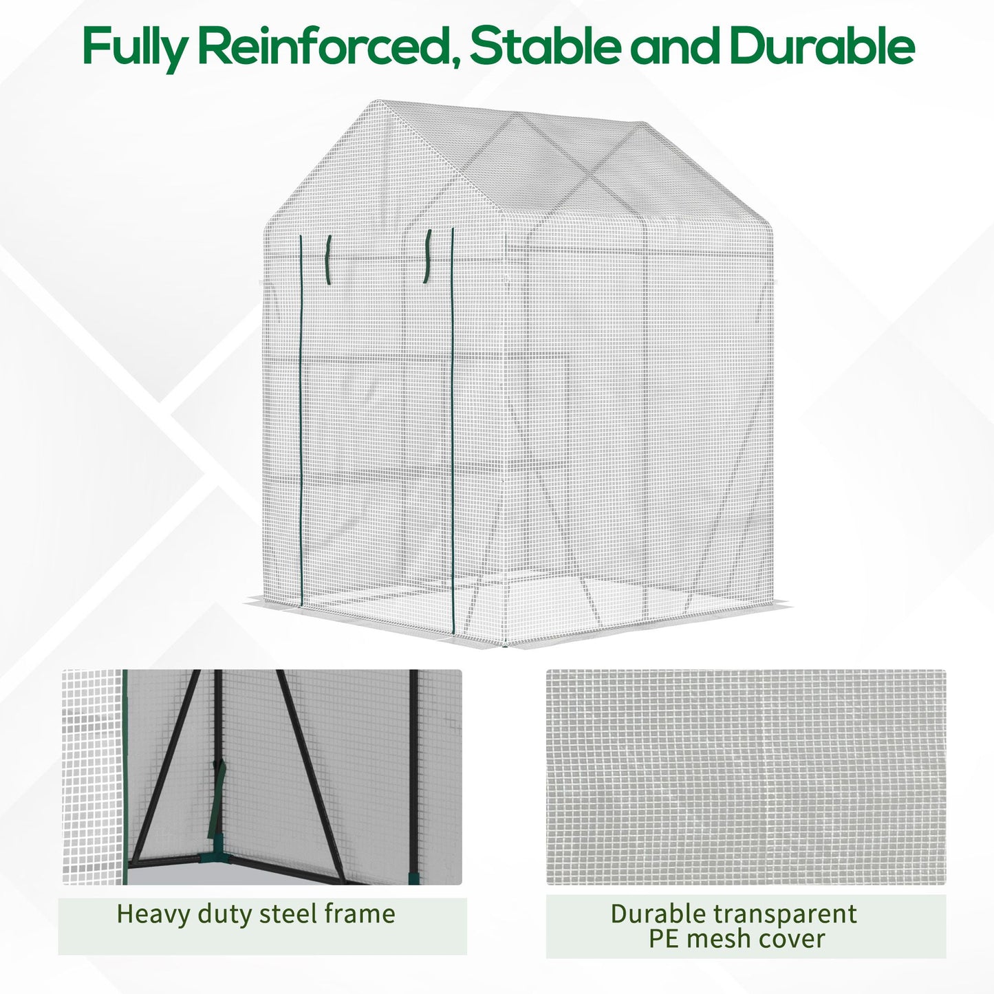 Outsunny Walk In Greenhouse with 2 Tier Shelf, Portable Gardening Plant Grow House Tomato Greenhouse with Roll up Zip Panel Door, Reinforced PE Cover, 143 x 143 x 195cm, Green