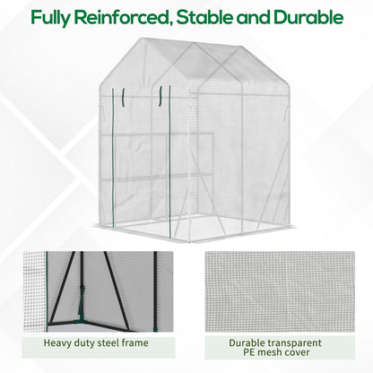 Outsunny Walk In Greenhouse with 2 Tier Shelf, Portable Gardening Plant Grow House Tomato Greenhouse with Roll up Zip Panel Door, Reinforced PE Cover, 143 x 143 x 195cm, Green
