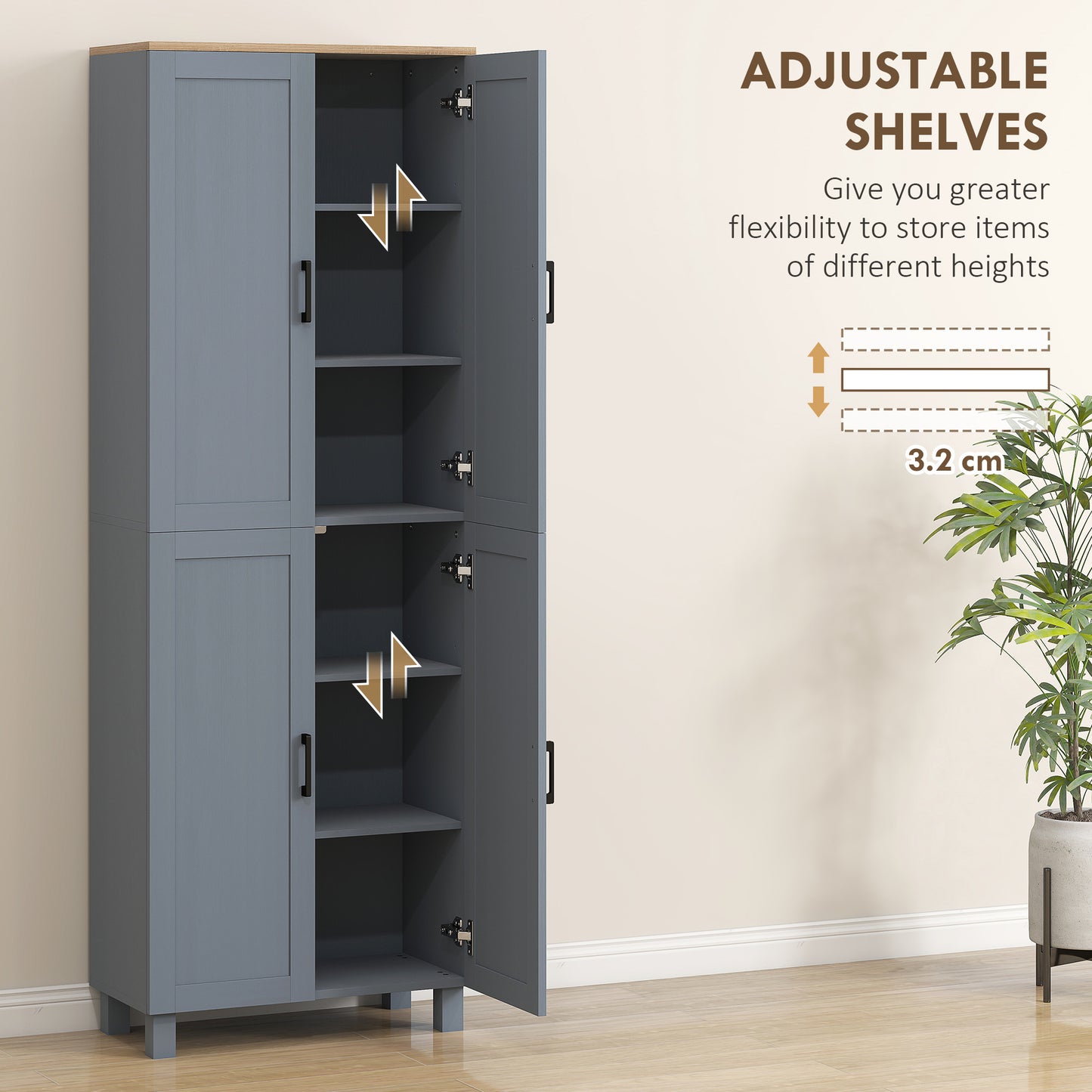 HOMCOM Freestanding Kitchen Cupboard, 4-Door Storage Cabinet with Adjustable Shelves, Modern Kitchen Pantry, 170cm, Grey