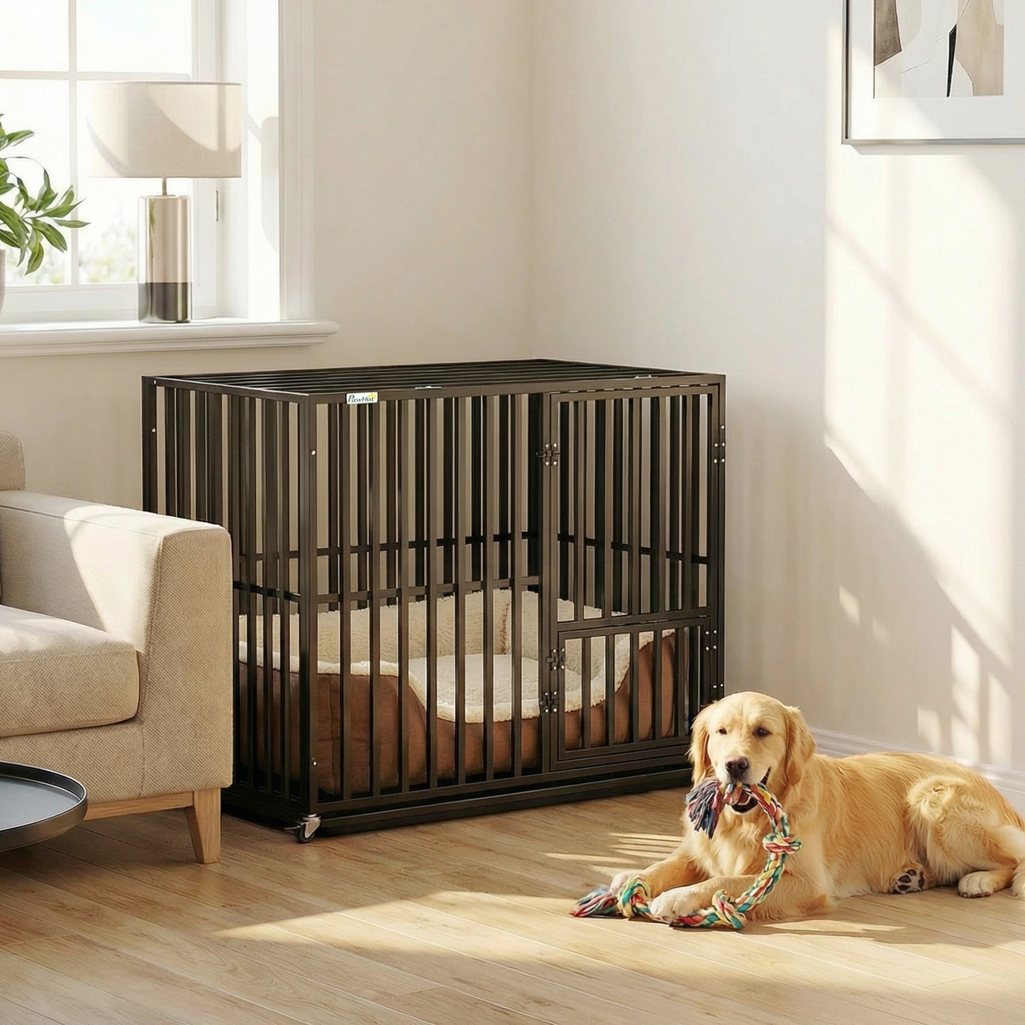 PawHut Heavy Duty Dog Crate, Dog Cage with Wheels for Small Medium Breeds, Metal Pet Kennel with Removable Tray