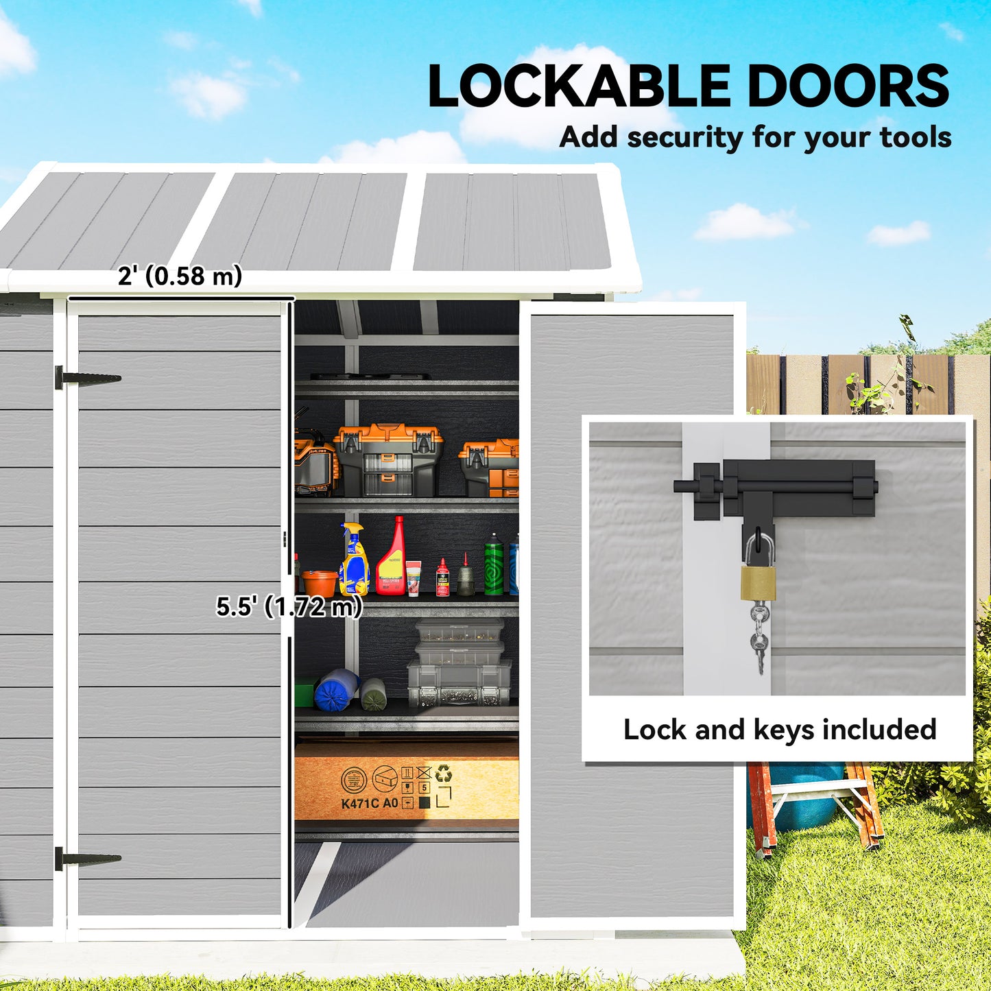 Outsunny 6 x 6ft Garden Shed with Floor, Window, Lockable Doors and Vents, Wood Effect Resin Tool Shed for Outdoor Patio, Grey